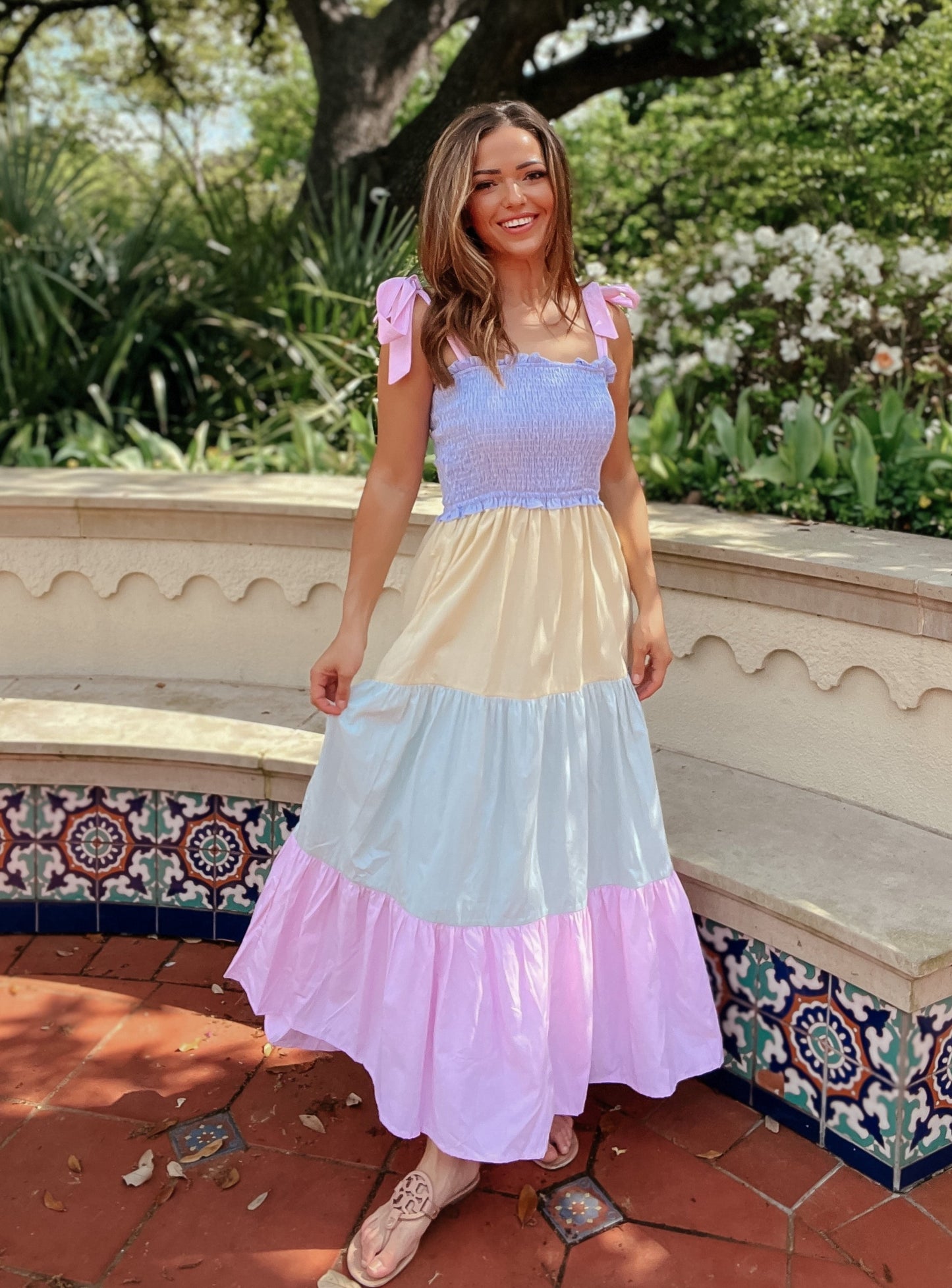 Seer Pastel Smocked Striped Bow-Tie Midi Dress