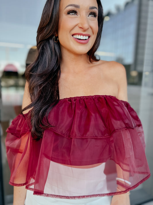 Koldus Maroon Crop Organza Top