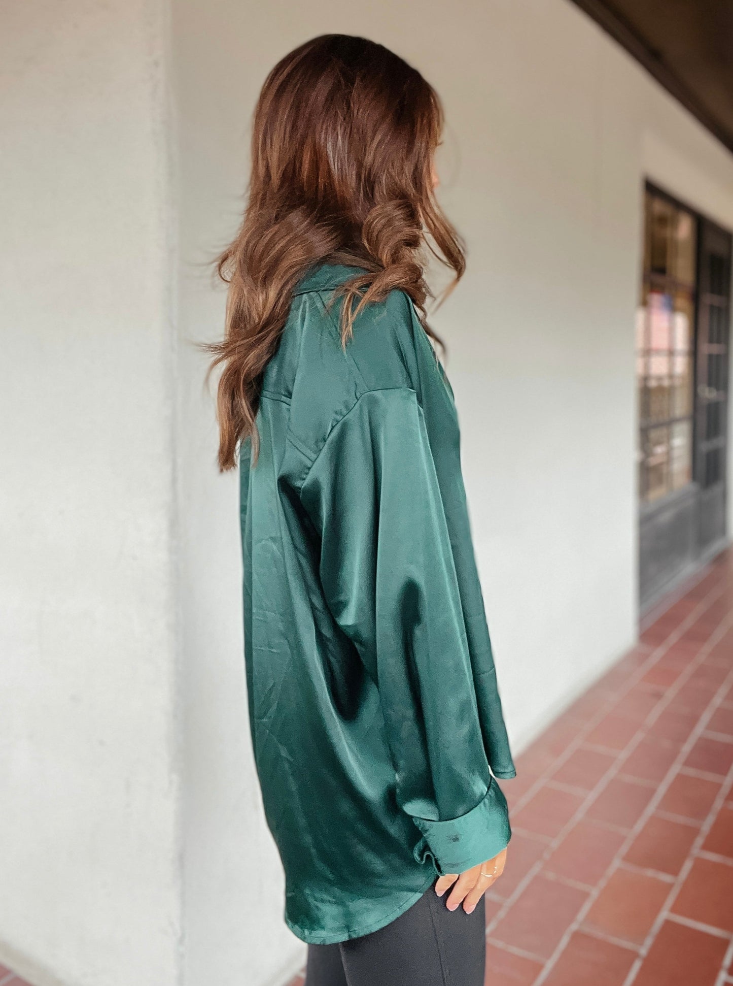 Emerald Satin Button Down Shirt Set