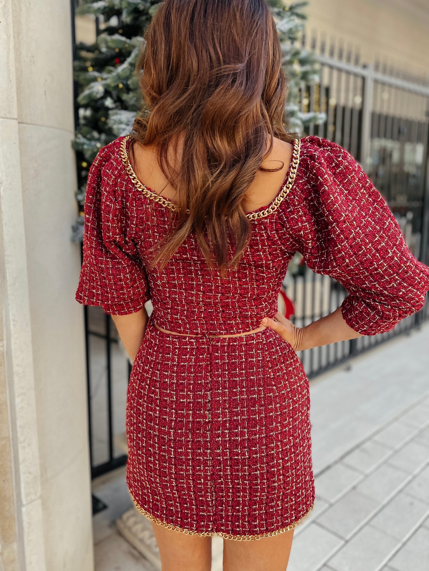 Sleighbell Puff Sleeve Chain Tweed Crop Top