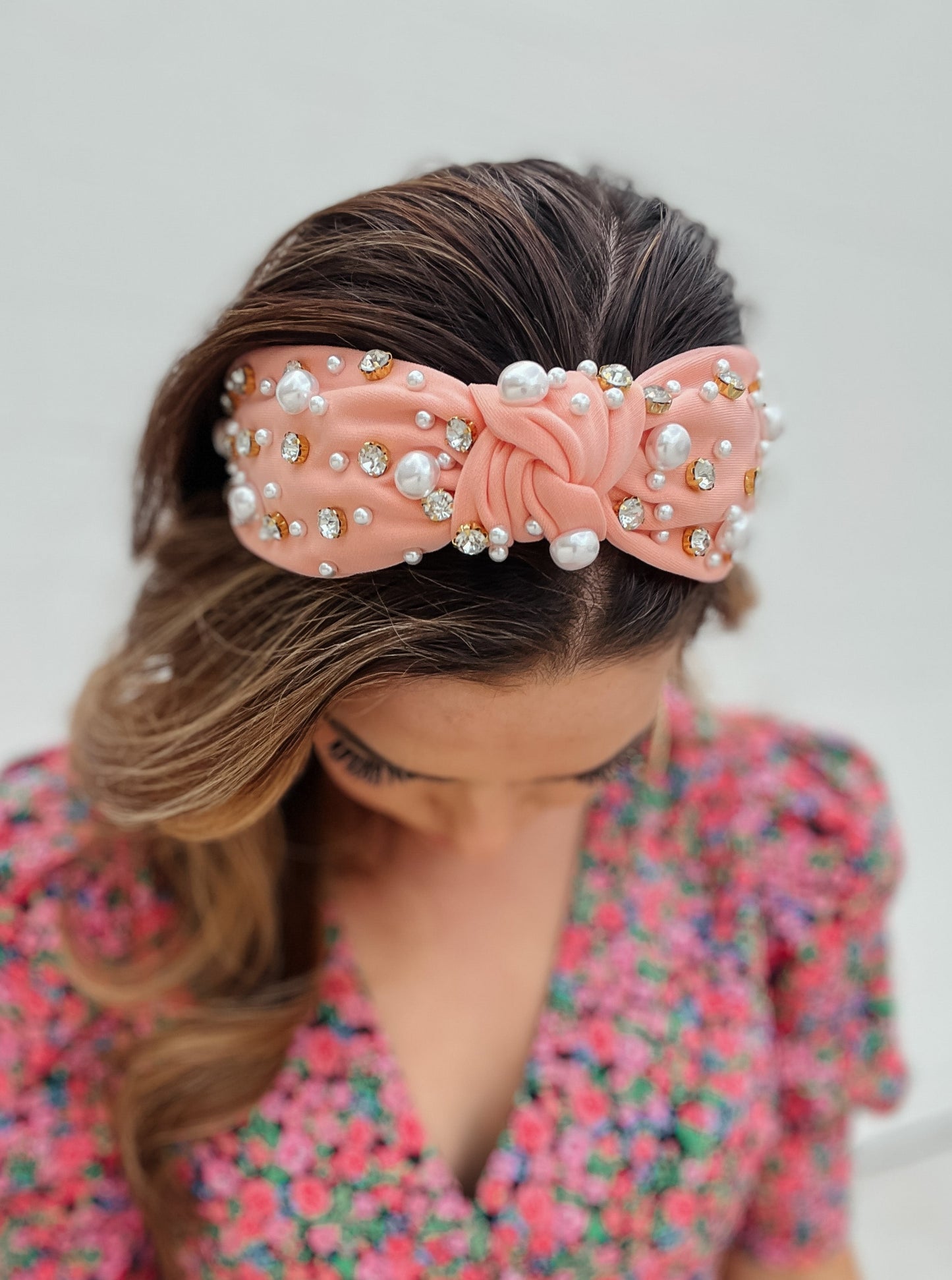 Pearl + Rhinestone Headband | Peach