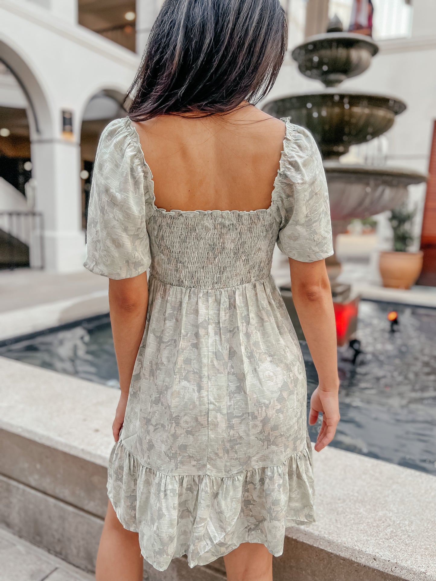 Floral Sage Square Neck Smocked Dress