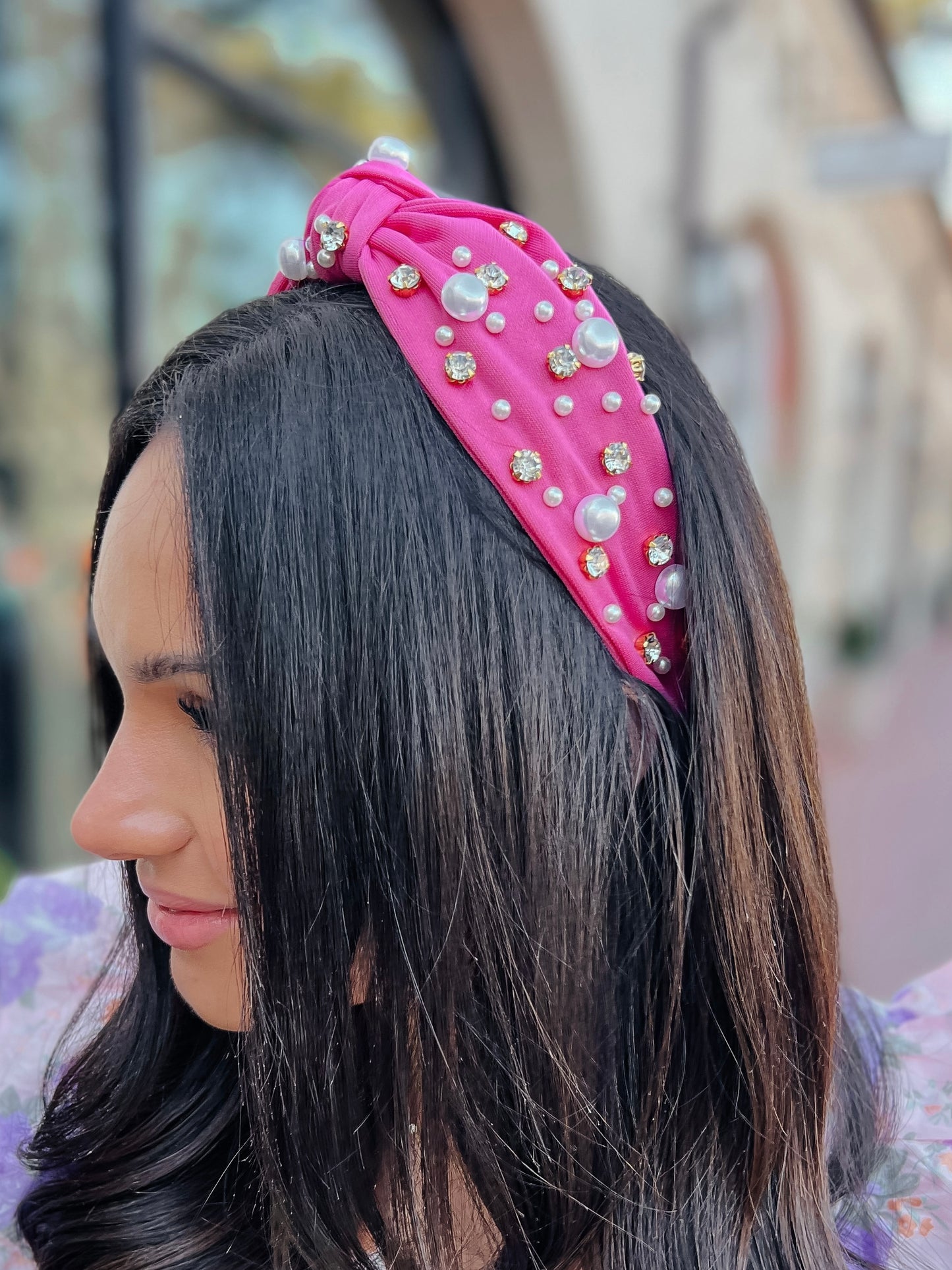 Pearl + Rhinestone Headband | Hot Pink