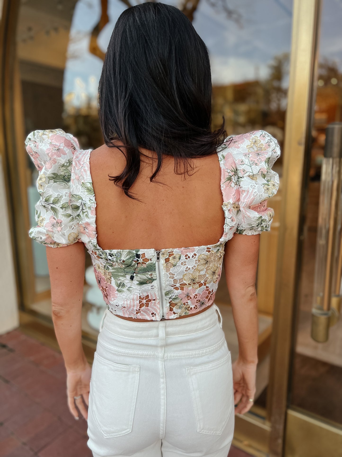 Reagan Floral Corset Puff Sleeve Crop Top