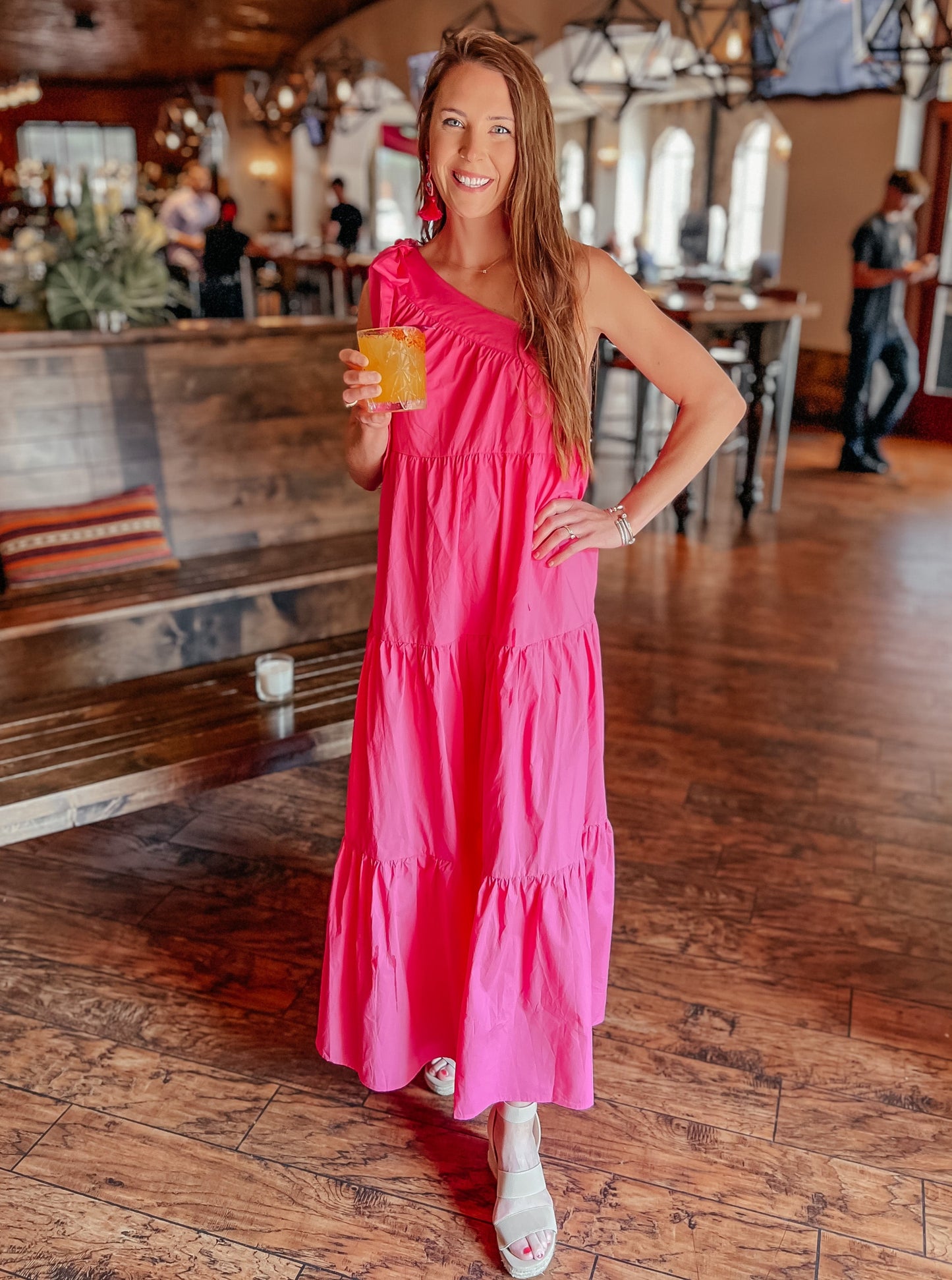 Patio Nights Pink One Shoulder Maxi Dress