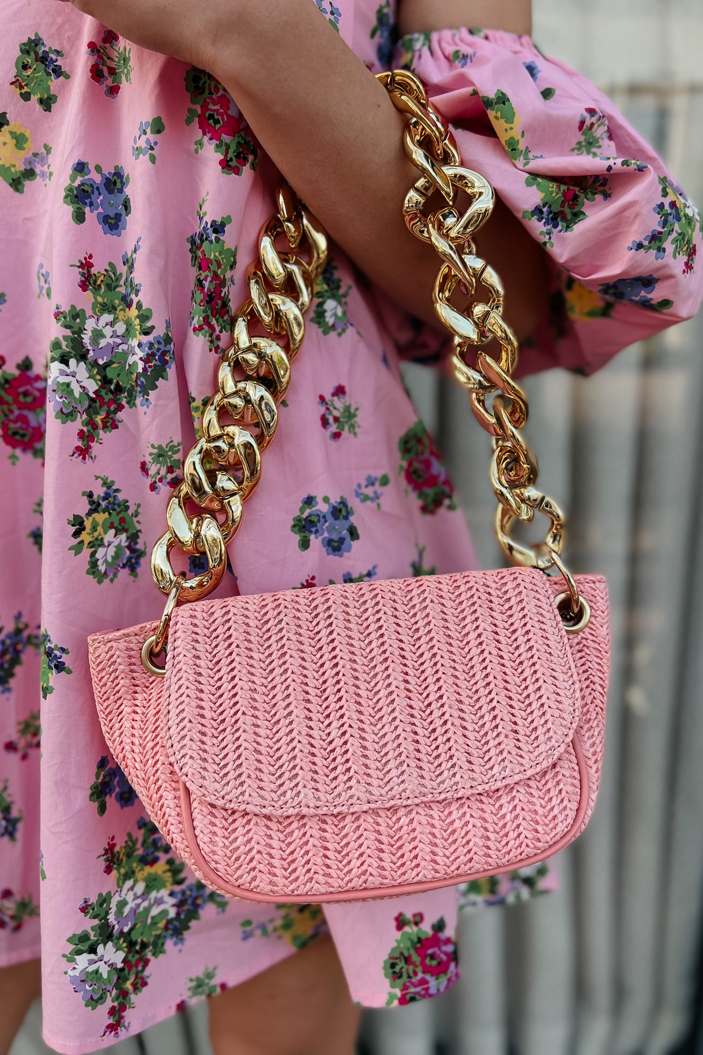 Rosy Straw + Gold Chain Clutch