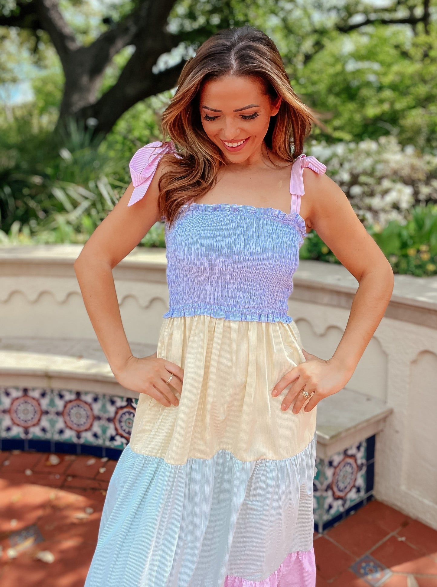 Seer Pastel Smocked Striped Bow-Tie Midi Dress