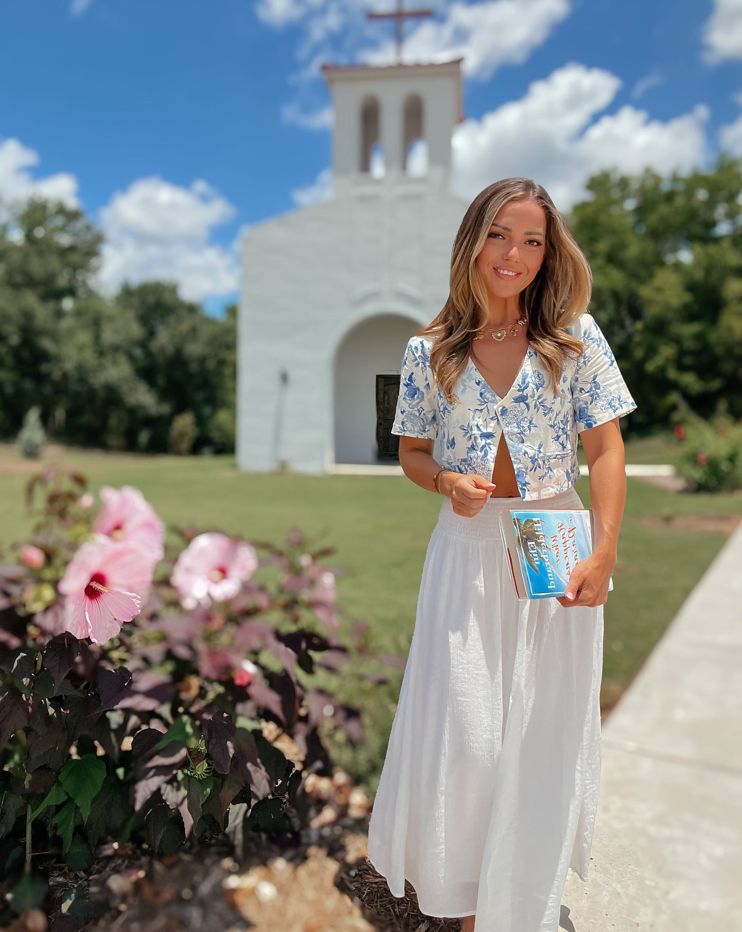 Wyatt Blue and White Floral Linen Button Crop Top