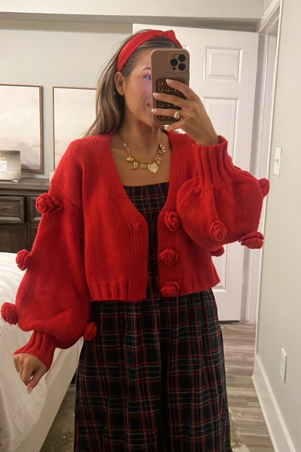 Red Floral Applique Cropped Cardigan Sweater