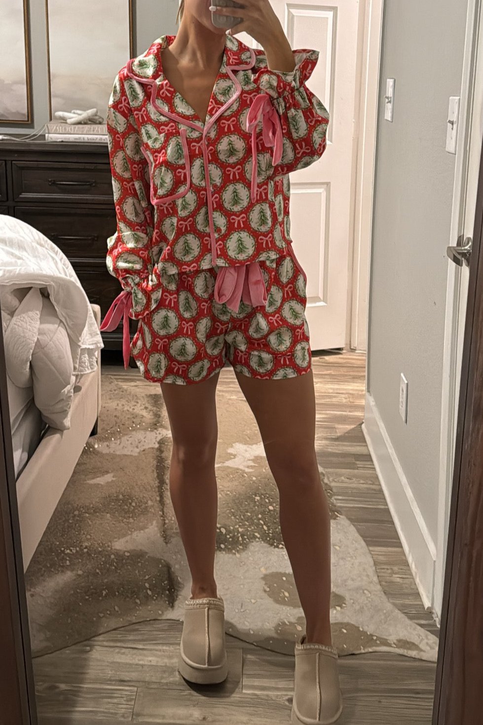 Christmas Tree and Pink Velour Bow Satin Pajama Short Set