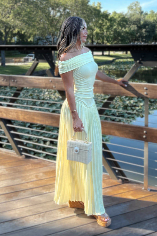Golden Hour Maxi – Butter Yellow Drop Waist Pleated Dress