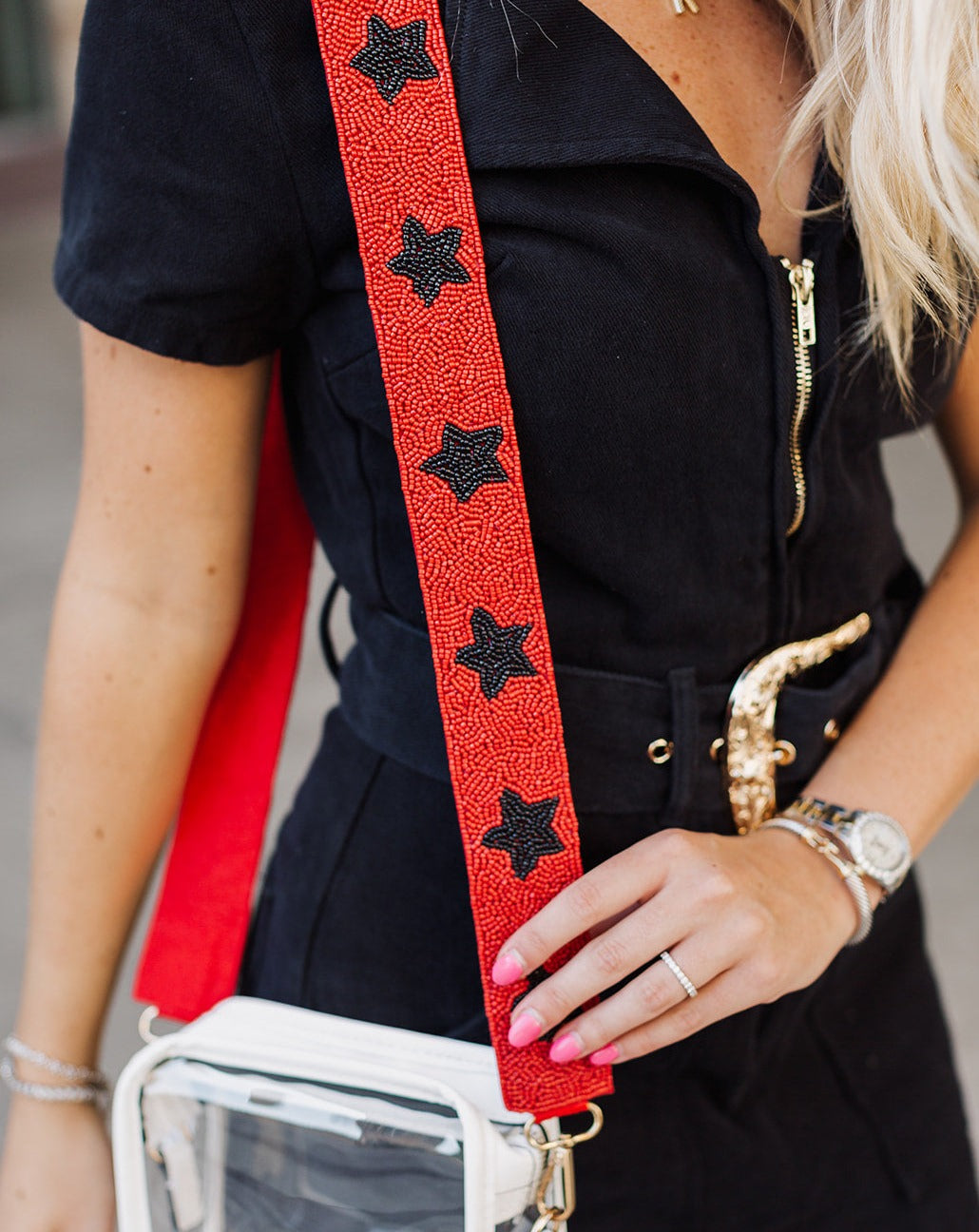 Star Beaded Gameday Bag Strap | Red & Black