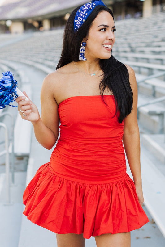 Firework Red Ruched Tube Bubble Peplum Mini Dress