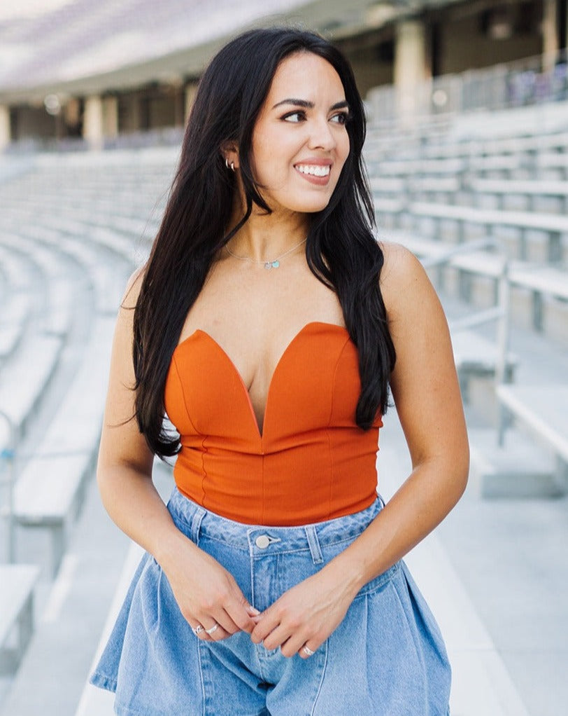 Burnt Orange Strapless Deep V Bodysuit