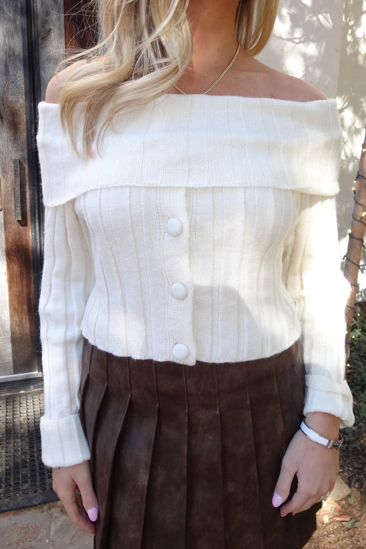 Cream Ribbed Off The Shoulder Sweater