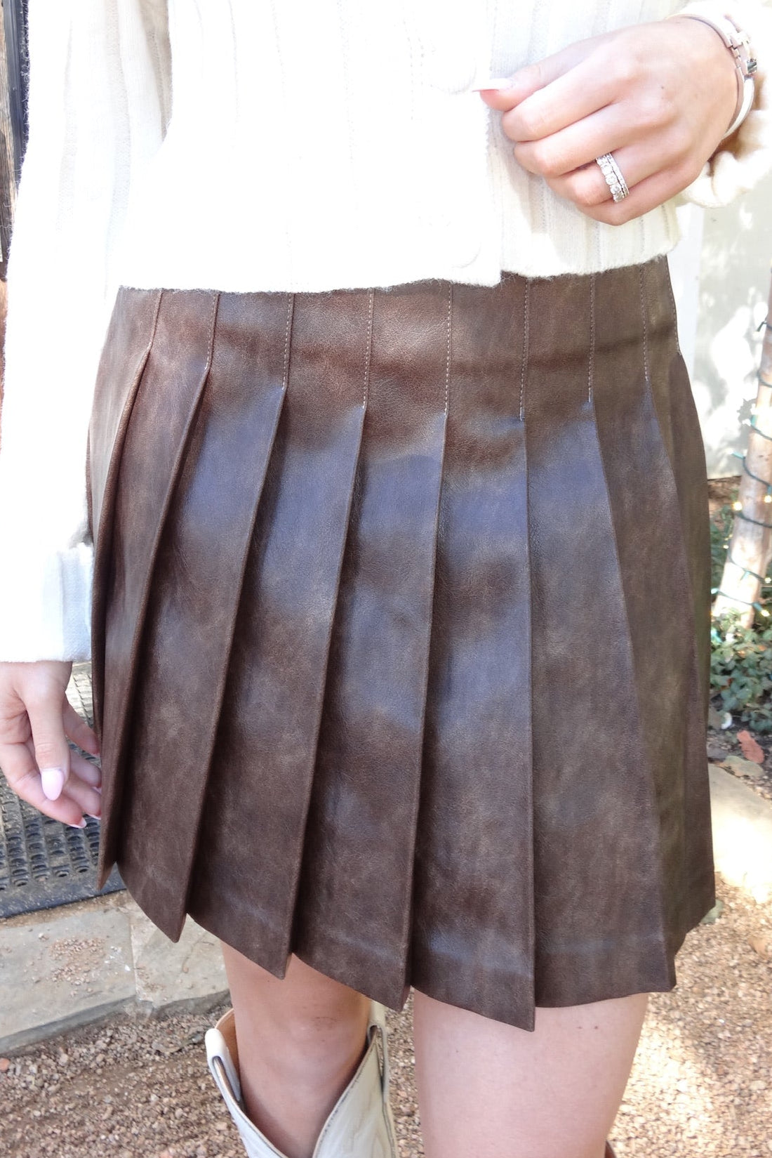 Chocolate Brown Faux Leather Pleated Skirt