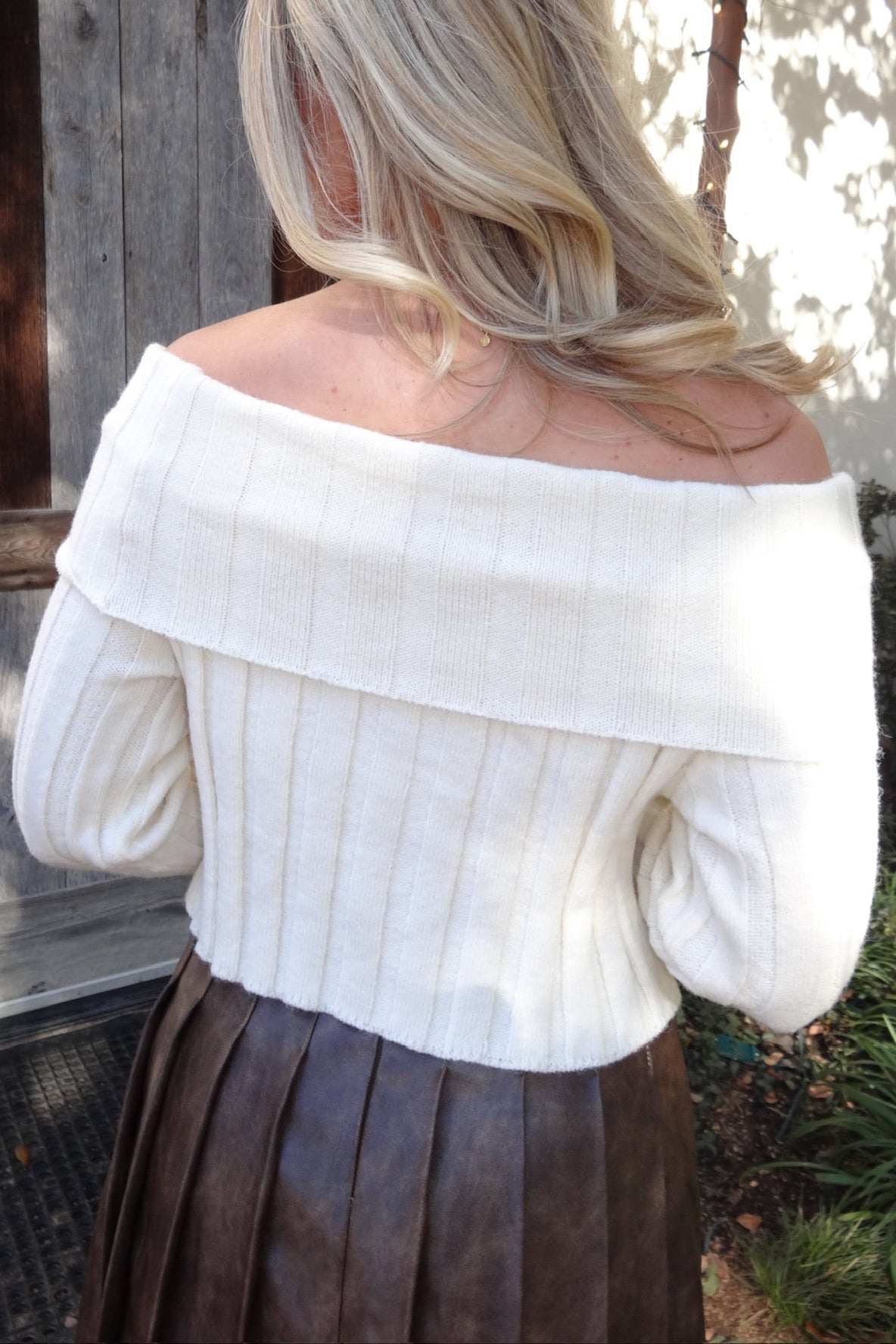 Cream Ribbed Off The Shoulder Sweater