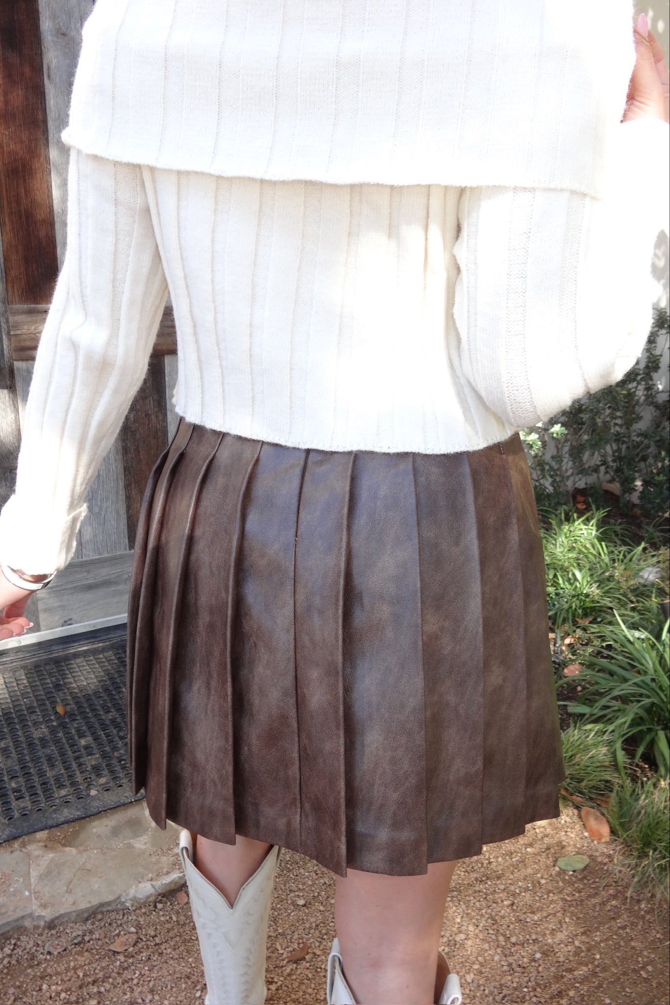 Chocolate Brown Faux Leather Pleated Skirt