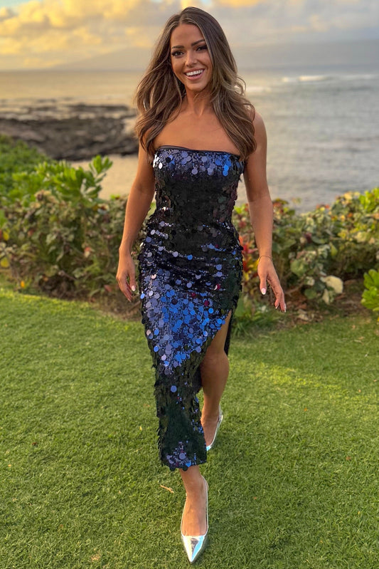 Midnight Ocean Blue Strapless Sequin Bodycon Dress