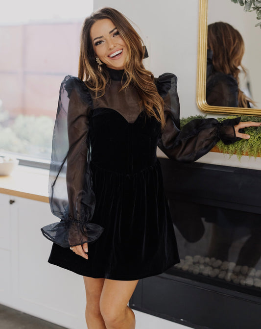 Eva Black Velour and Organza Long Sleeve Dress