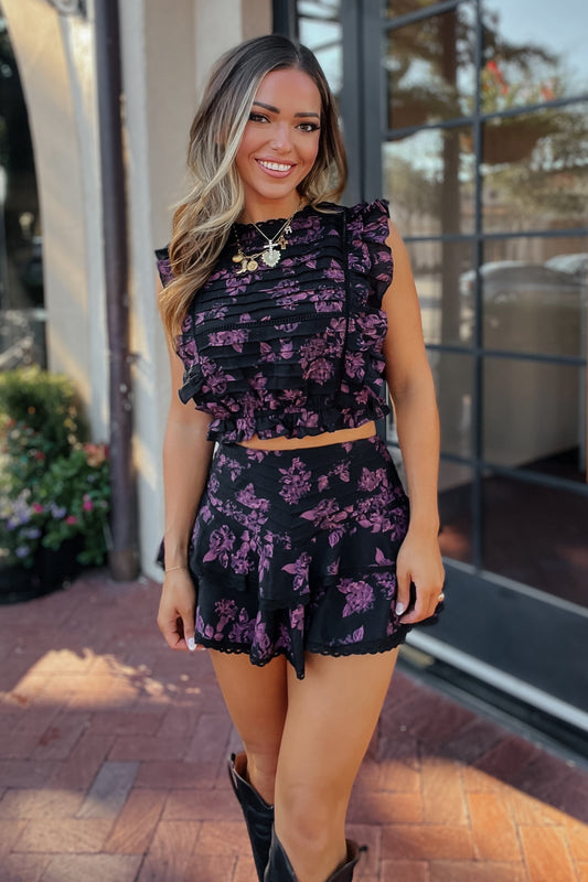 Kyle Black and Maroon Floral Ruffle Top | Petite