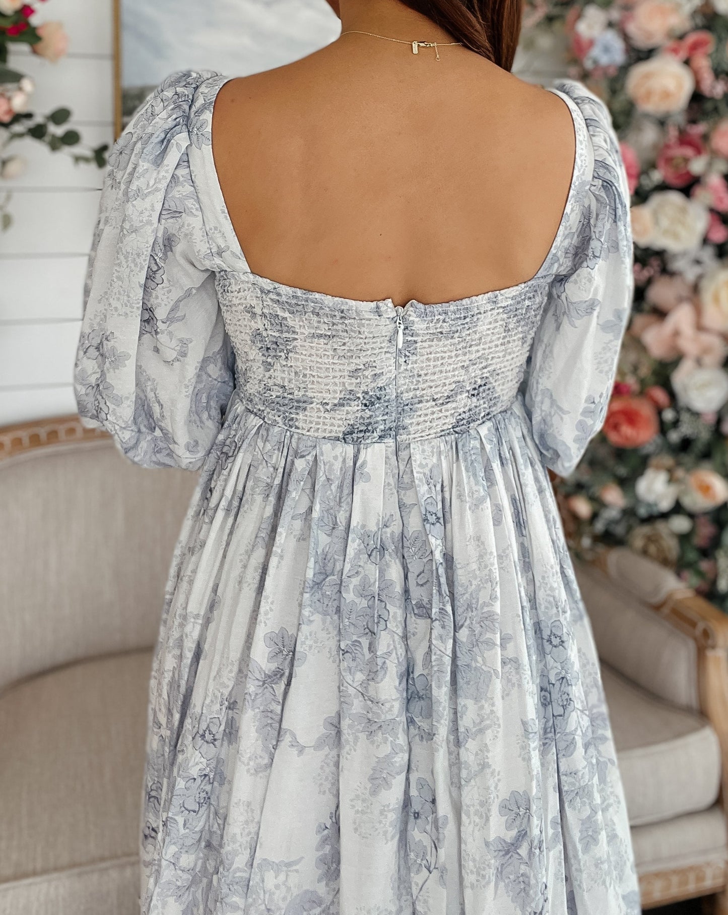 Sienna Baby Blue Floral Corset Puff Sleeve Midi Dress