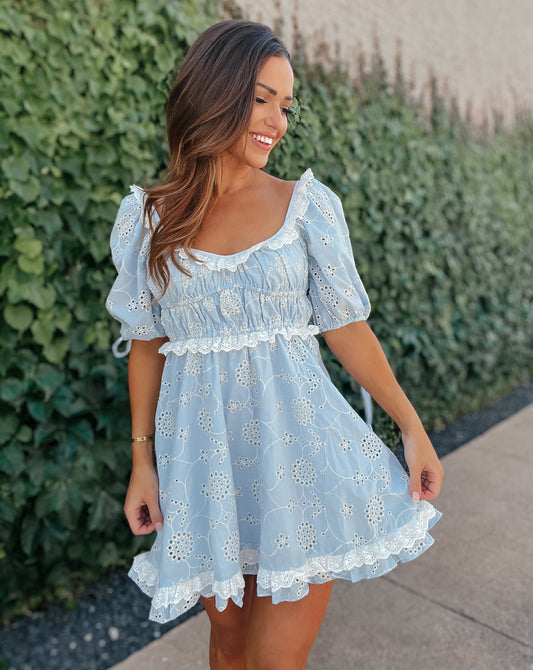 Cora Baby Blue Eyelet Ruffle Mini Dress