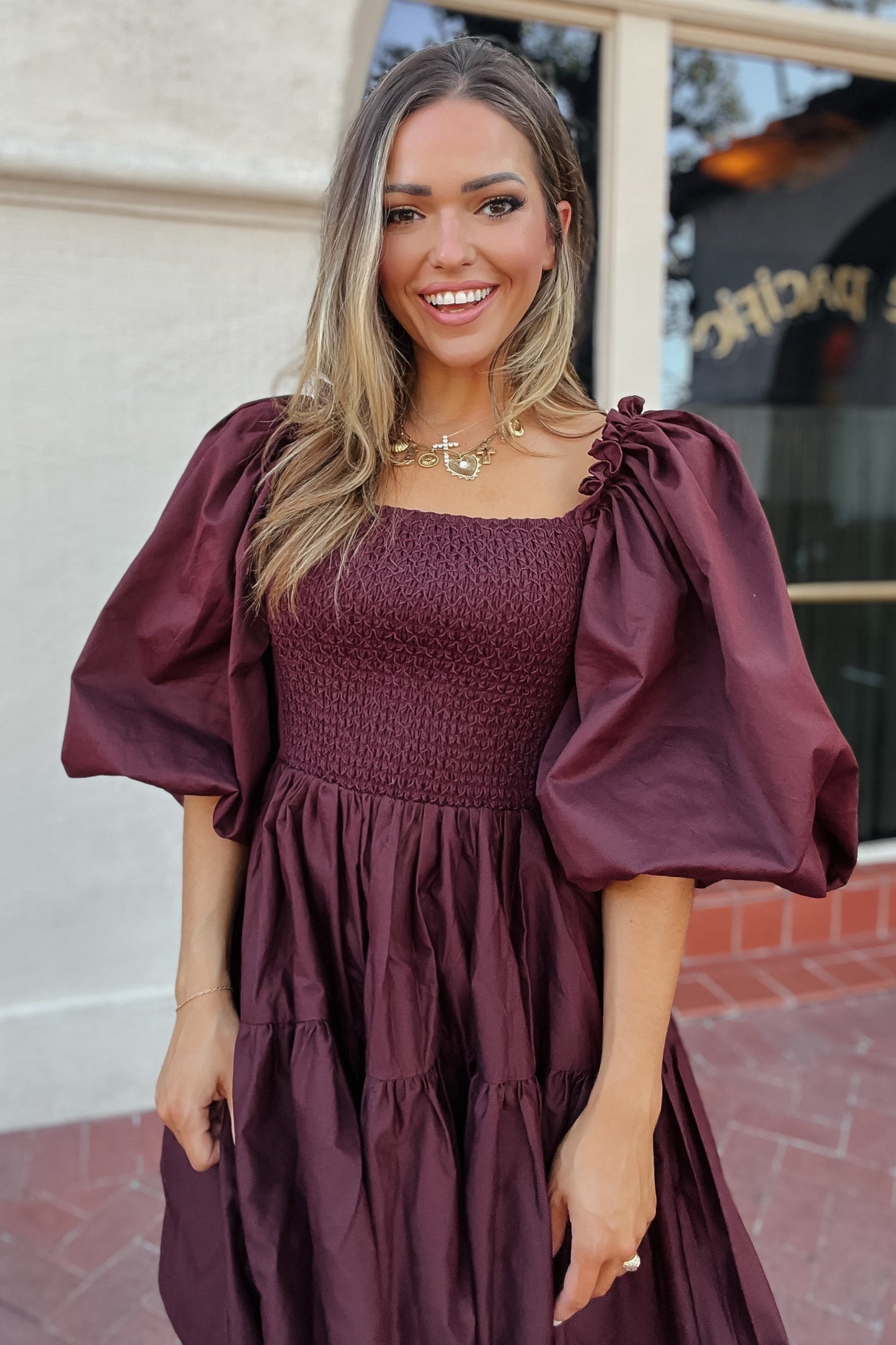 Taylor Oversized Puff Sleeve Maroon Dress