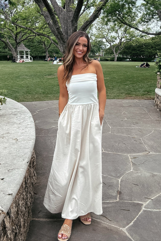 Blake Strapless Drop Waist Knit and Linen Maxi Dress