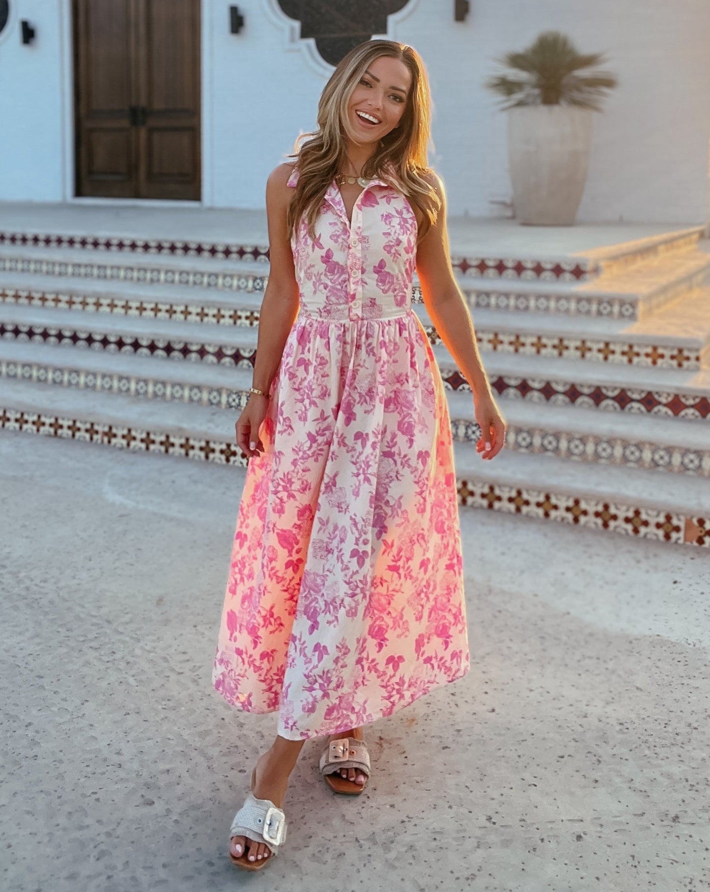 Abigail Pink Floral Button-Down Halter Backless Midi Dress