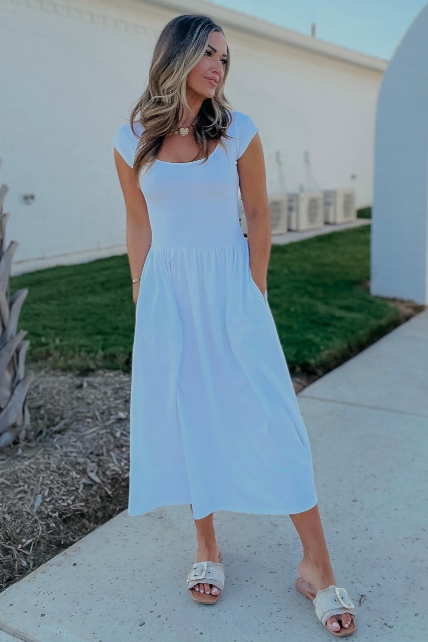 Kaleigh White Drop Waist Midi Dress Kaleigh White Drop Waist Midi Dress