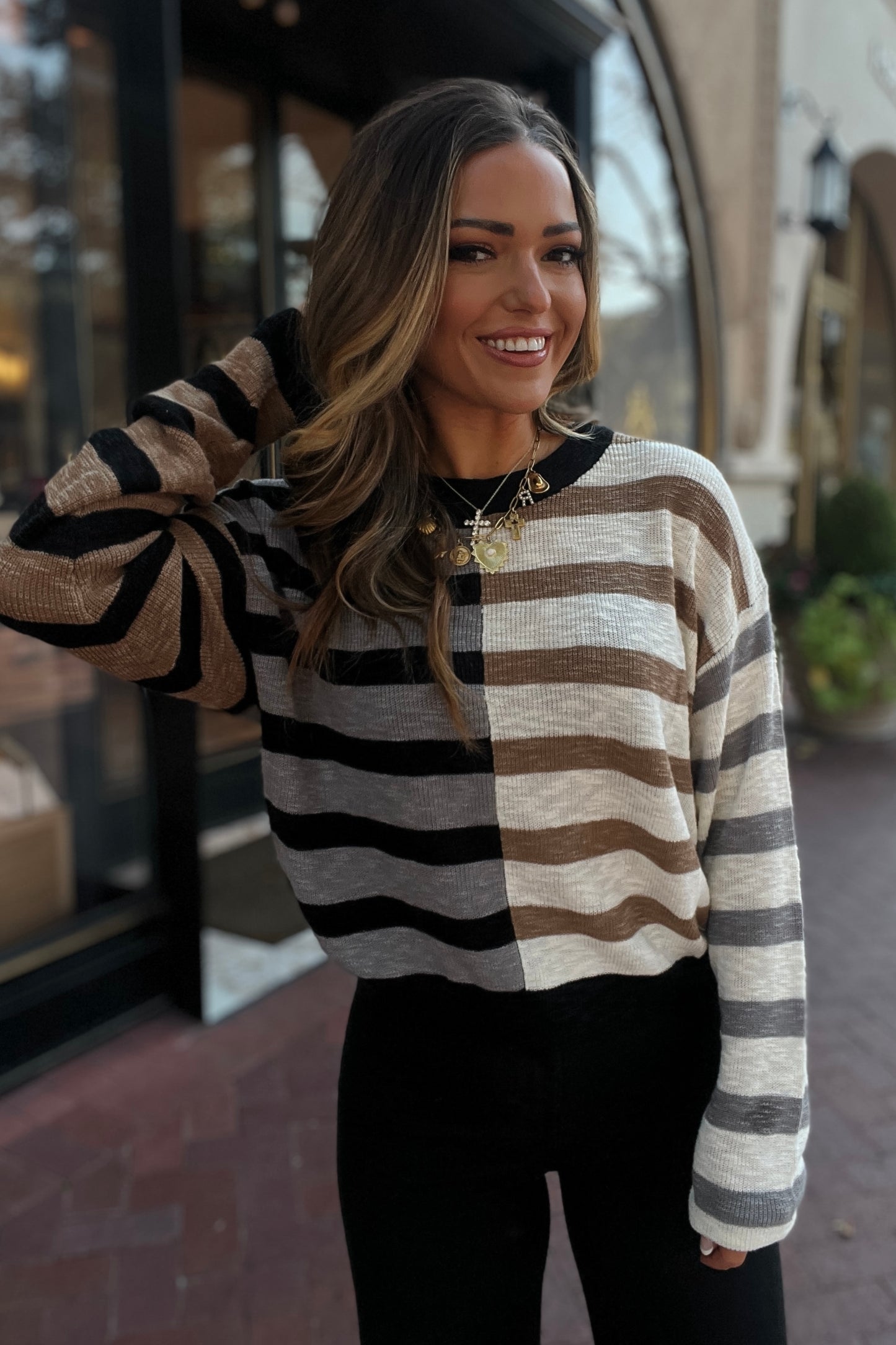 Tess Color Block Black Taupe Tan Striped Sweater