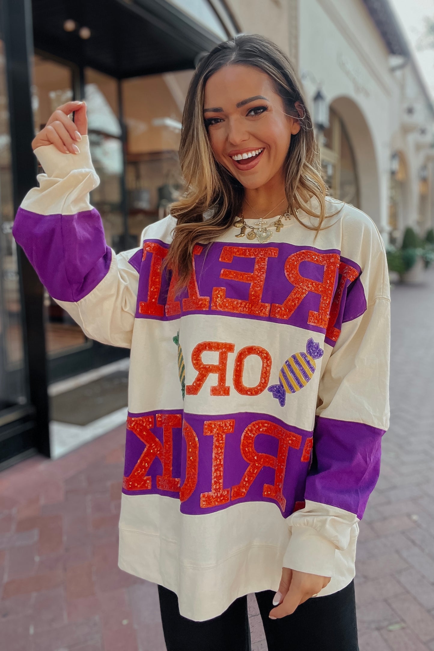 TREAT OR TRICK Oversized Long Sleeve Sequin Halloween Top