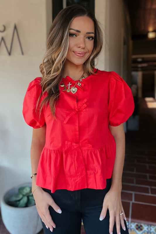 Sevy Red Bow Tie Peplum Top