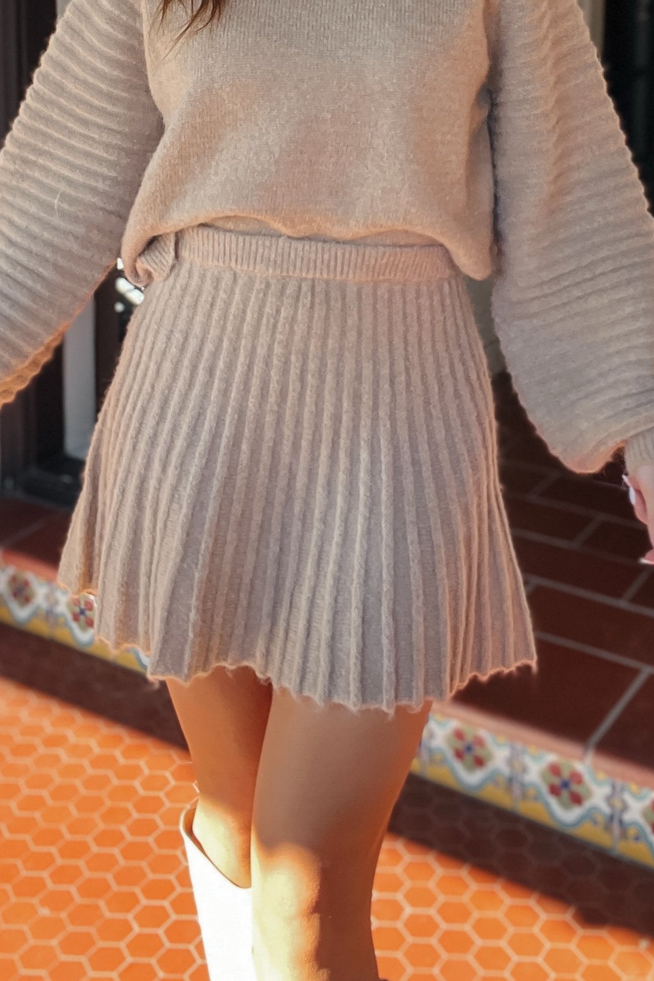 Riley Tan Pleated Sweater Skirt