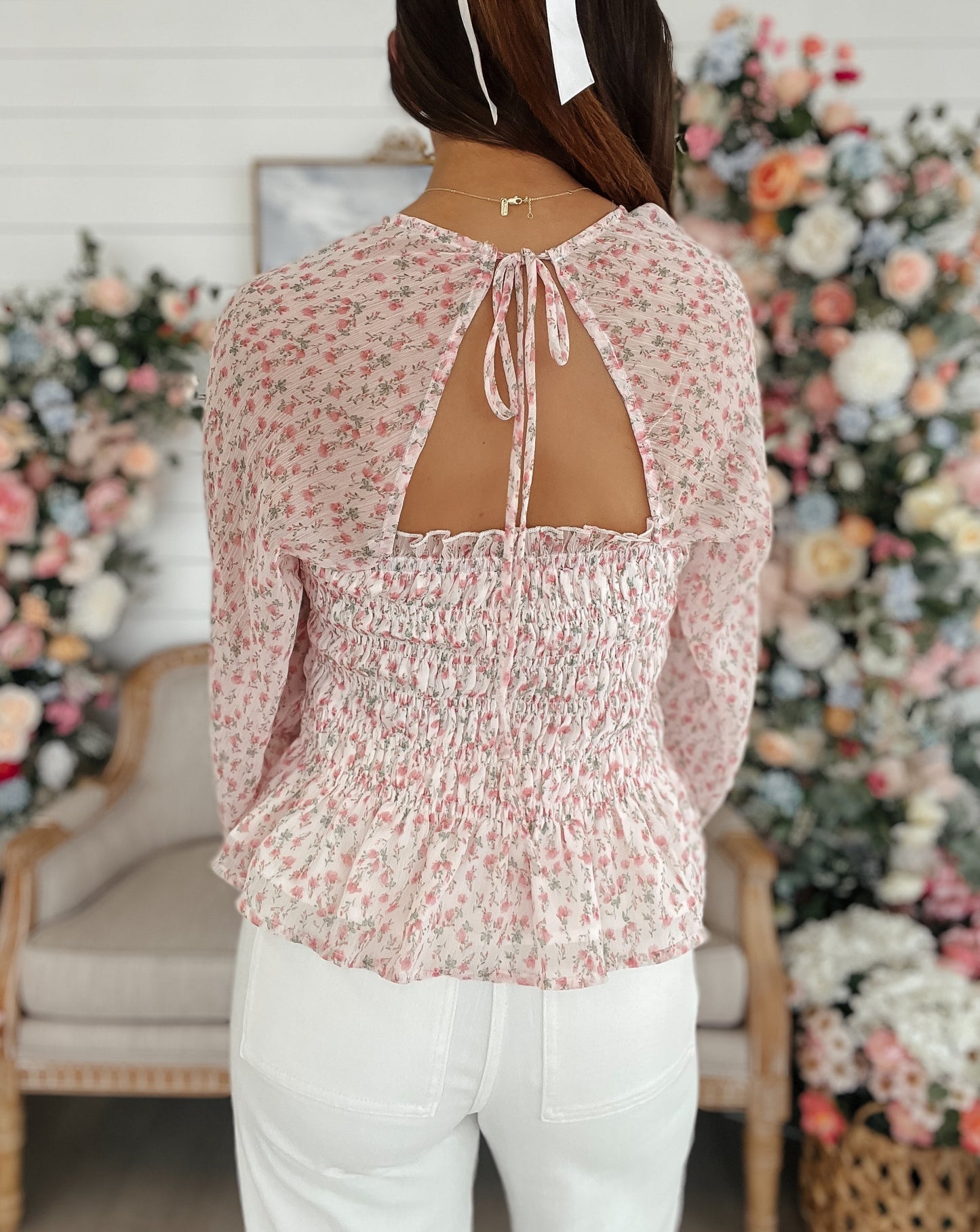 Deliah Dainty Pink Floral Smocked Puff Sleeve Top