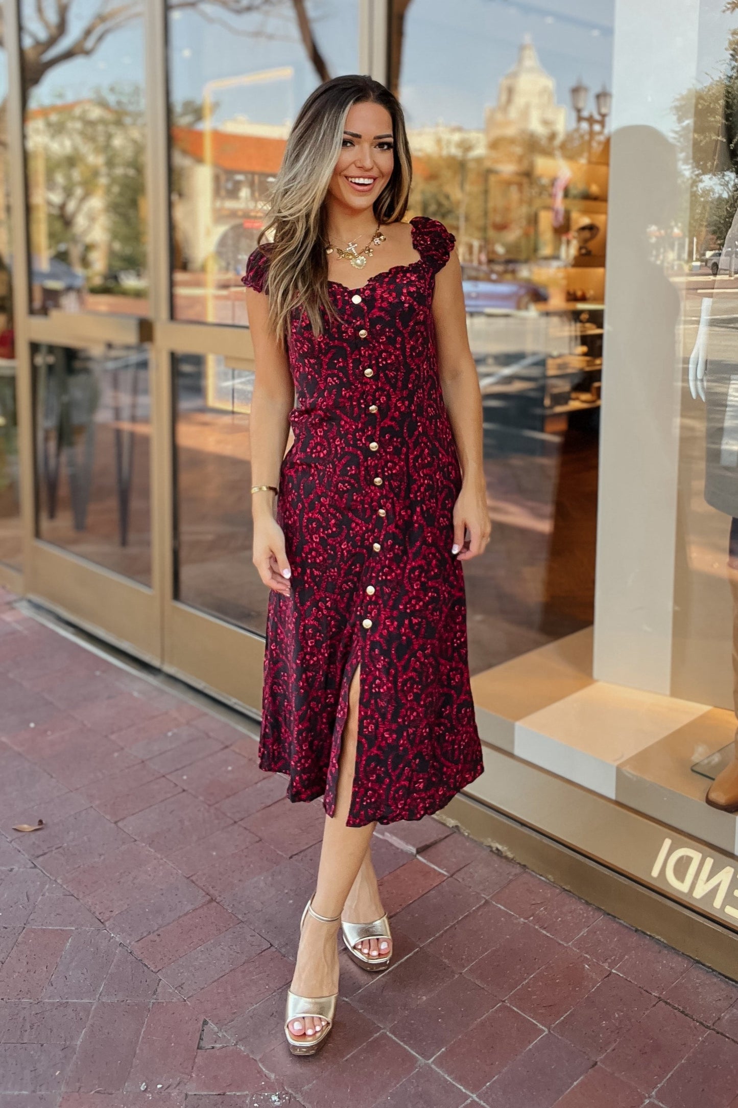 Charlotte Red and Black Floral Button-Down Midi Dress