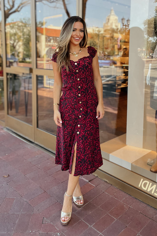 Charlotte Red and Black Floral Button-Down Midi Dress