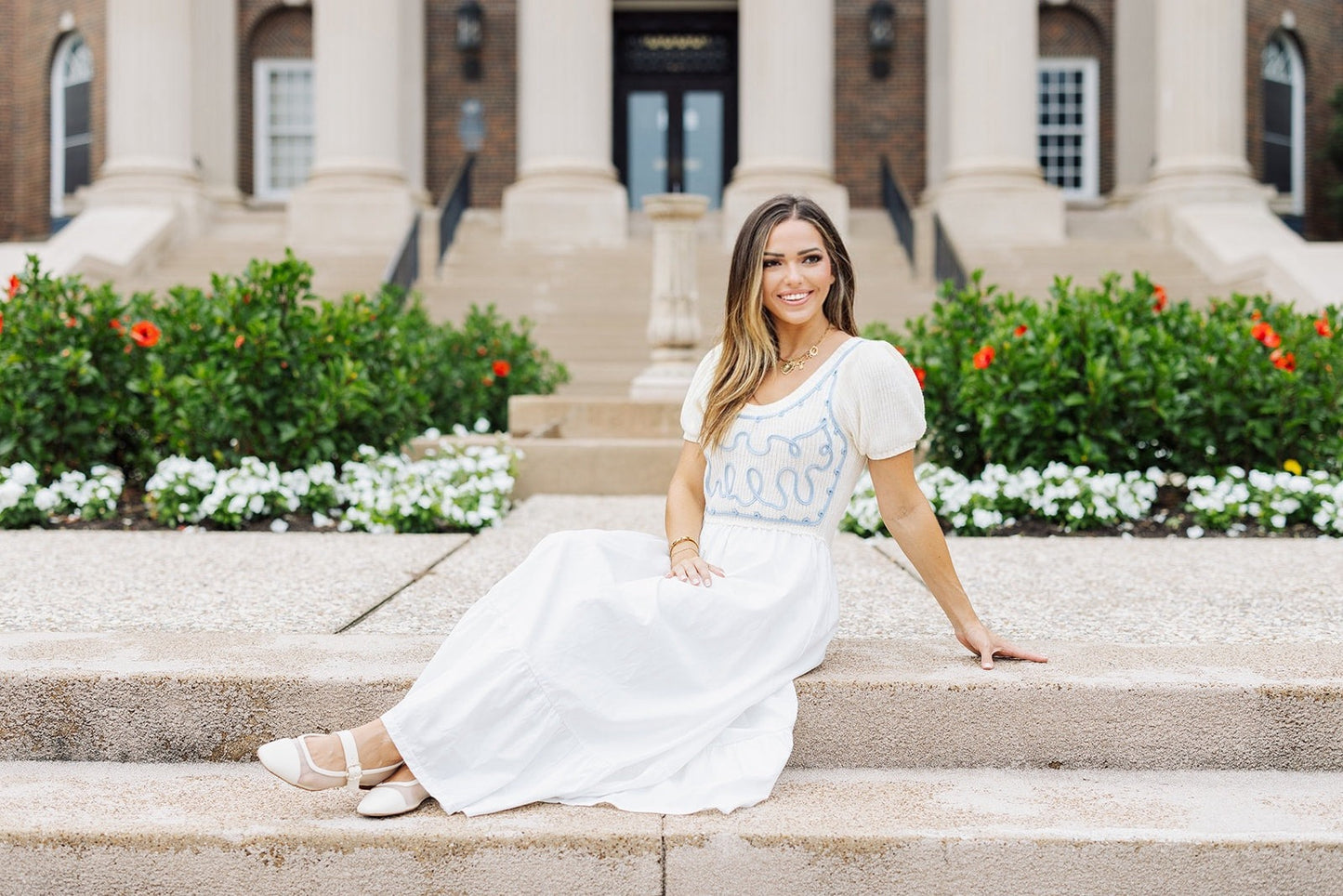 Rayney Cream and Baby Blue Knit Puff Sleeve Maxi Dress