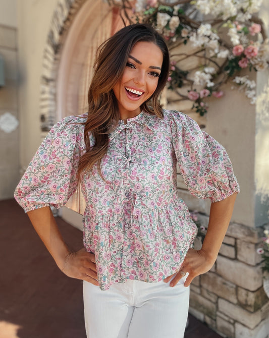 Sloane Floral Puff Sleeve Bow Tie Top