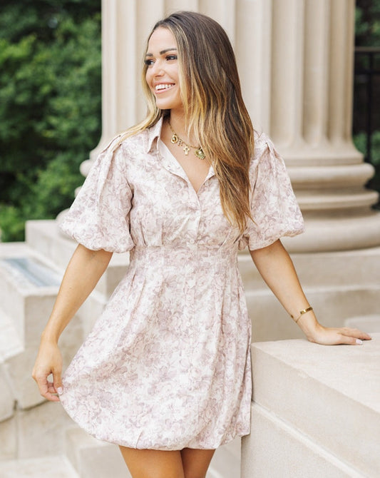 Marley Cream and Mauve Floral Button Down Bubble Dress