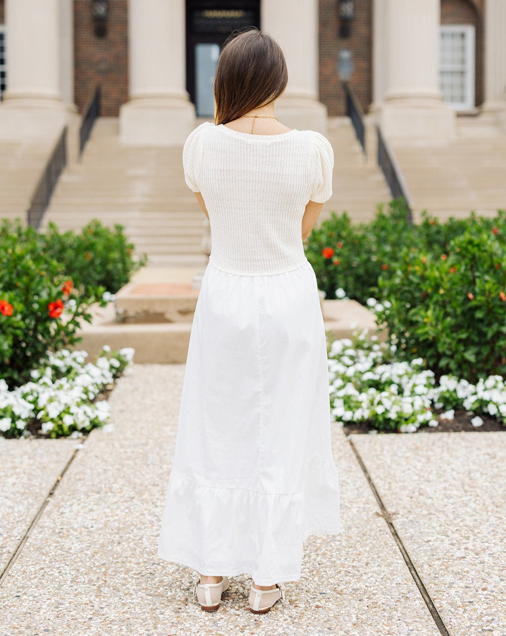 Rayney Cream and Baby Blue Knit Puff Sleeve Maxi Dress