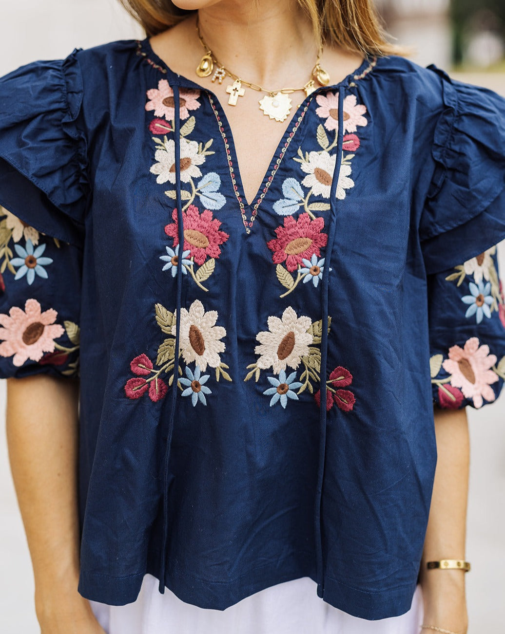 Sammi Navy Floral Embroidered Puff Sleeve Top