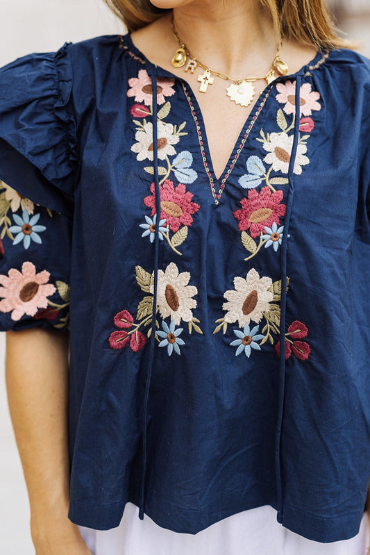 Sammi Navy Floral Embroidered Puff Sleeve Top