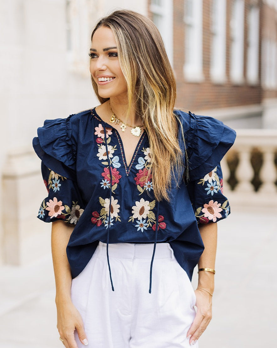 Sammi Navy Floral Embroidered Puff Sleeve Top