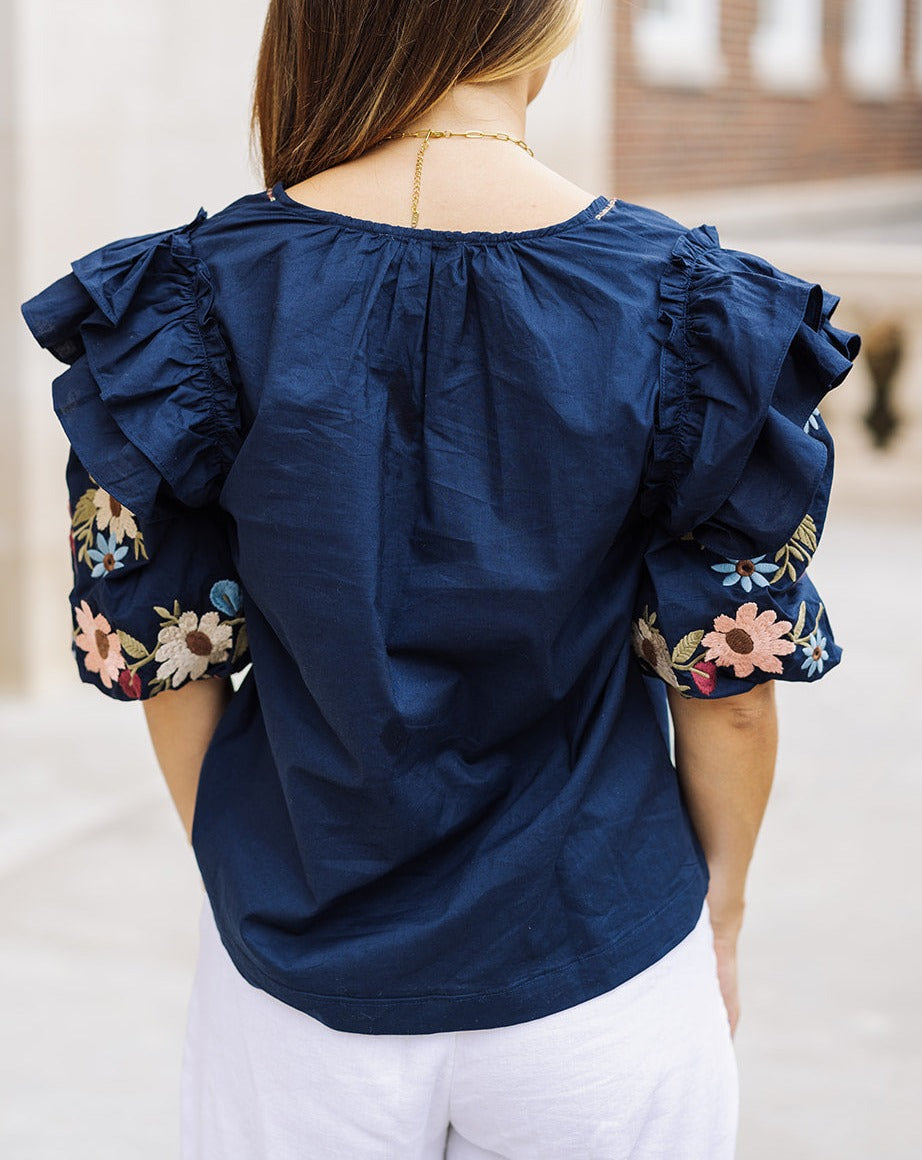 Sammi Navy Floral Embroidered Puff Sleeve Top