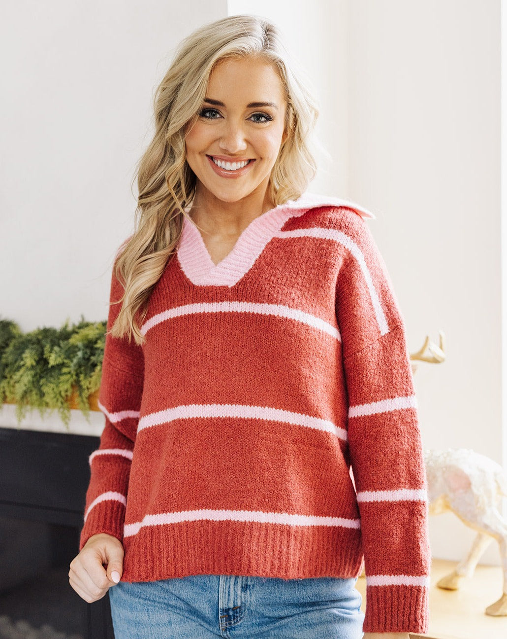 Candy Cane Red and Pink Striped V-neck Sweater