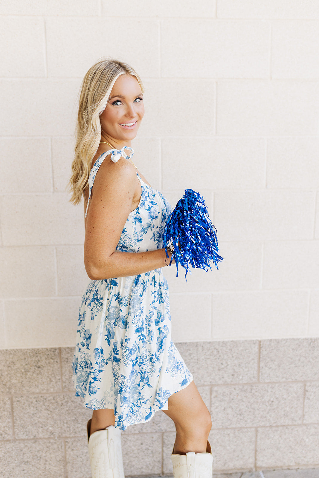 American Honey Blue and Cream Floral Corset Bow-Tie Dress