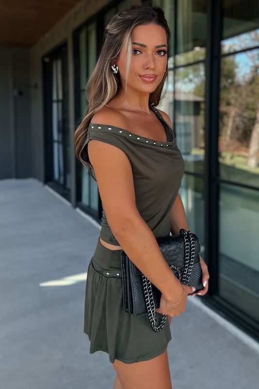 Kristina Olive Studded Skirt Set [PETITE]