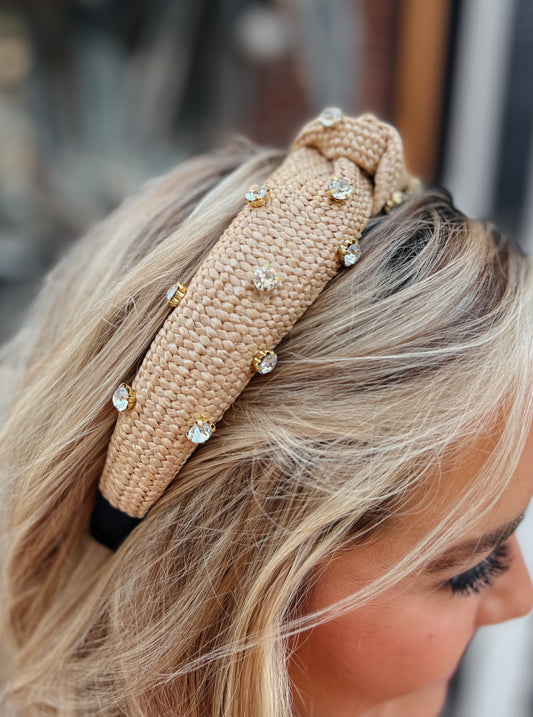 Raffia Rhinestone Headband | Khaki